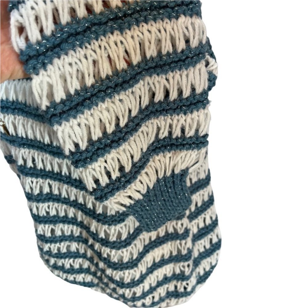 Unique! Vintage Hand Knit Open Weave Sweater White/Teal Size M/L - Picture 5 of 10
